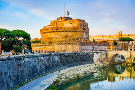 Ponte Bridge Castel Saint Angelo Tiber River Reflection Rome Italy. Bridge first built by Emperor Hadrian in 134ADのeditorial素材