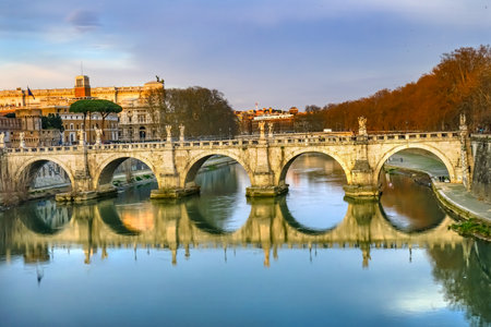 Ponte Bridge Castel Saint Angelo Tiber River Reflection Rome Italy. Bridge first built by Emperor Hadrian in 134ADのeditorial素材