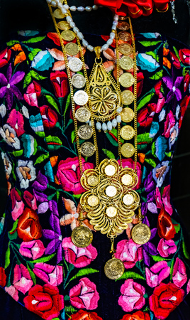 Colorful Mexican Shirts Dresses Gold Jewelry Cross, Neckaces Handicrafts Red Blue Pink Yellow Oaxaca...