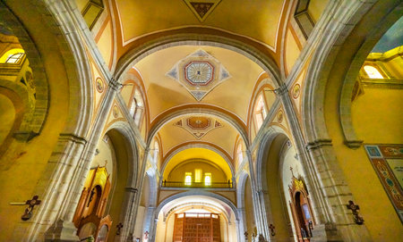 Yellow Basilica Arches Templo de la Compania Church Oaxaca Mexico. Built around 1596 near Zocaloのeditorial素材