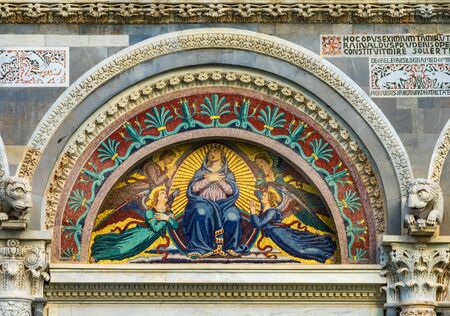 Virgin Mary Angels Mosaic Facade Cathedral of Virgin Mary Piazza del Miracoli Pisa Tuscany Italy. Completed in 1100s.の写真素材