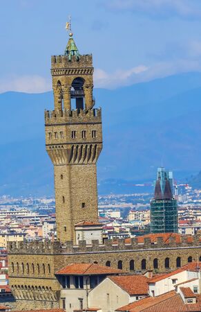 Orange Roofs Palazzo Vecchio City Hall Tower Hills Piazza Signoria Florence Tuscany Italyの写真素材