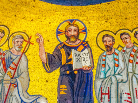 Ancient Jesus Disciples Mosaic Triclinium Leoninum Outside Saint John Lateran Papal Cathedral Church Rome Italy. Triclinium part of Lateran Palace built 1300sのeditorial素材