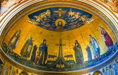 Ancient Jesus Mosaic Basilica Saint John Lateran Papal Cathedral Church Rome Italy. One of 4 Papal basilicas, Oldest Papal Church built 324 by Emperor Constantine, built in honor of John Baptist, John the Evangelistのeditorial素材