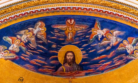 Ancient Jessus Mosaic Basilica Saint John Lateran Papal Cathedral Church Rome Italy. One of 4 Papal basilicas, Oldest Papal Church built 324 by Emperor Constantine, built in honor of John Baptist, John the Evangelistのeditorial素材