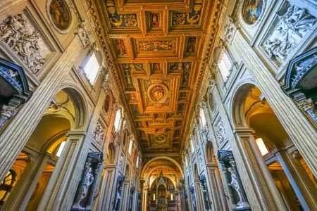 High Altar Ciborium Basilica Nave Statues Saint John Lateran Papal Cathedral Church Rome Italy. 1 of 4 Papal basilicas Oldest Papal Church built 324 by Emperor Constantine in honor John Baptist John the Evangelist.のeditorial素材
