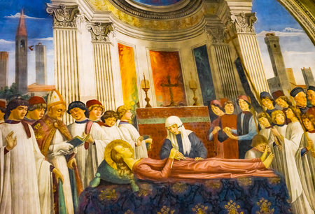 Funeral Saint Fina Medieval Renaissance Fresco Collegiate Church of Santa Maria Assunta San Gimignano Tuscany Italy. By Domenico Ghirlandaio 1477のeditorial素材