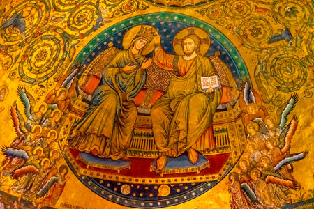 Ancient Coronation Mary Jesus Mosaic Basilica Santa Maria Maggiore Rome Italy. One of 4 Papal basilicas, built 422-432, built in honor of Virgin Mary, 590 AD. Mosaic by Torriti 1296のeditorial素材