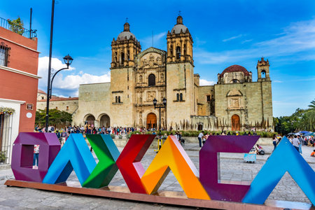 Oaxaca Sign Santo Domingo de Guzman Facade Church Monastery Oaxaca Mexico. Built between 1575 to 1857のeditorial素材