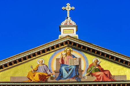 Jesus Paul Peter Mosaic Facade Papal Basilica Saint Paul Beyond Walls Cathedral Church Rome Italy. One of 4 Papal basilicas, established over Saint Paul's burial place in 324 by Emperor Constantineの写真素材