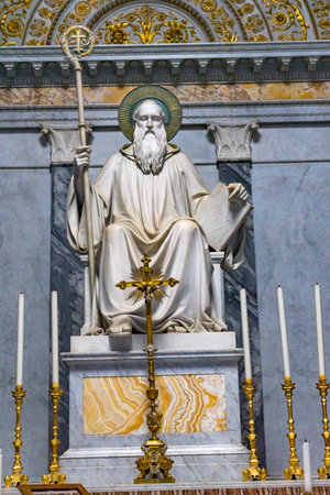 Paul Statue Altar Candles Papal Basilica Saint Paul Beyond Walls Cathedral Church Rome Italy. One of 4 Papal basilicas, established over Saint Paul's burial place in 324 by Emperor Constantineのeditorial素材