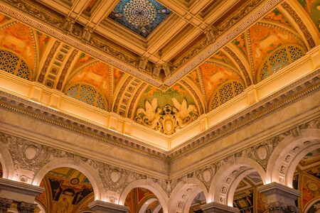 Thomas Jefferson Building Library of Congress Stained Glass Ceiling Washington DC. Opened 1897.  National Library and Primary Research Library of US government.の写真素材