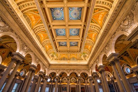 Thomas Jefferson Building Library of Congress Stained Glass Ceiling Washington DC. Opened 1897. ...
