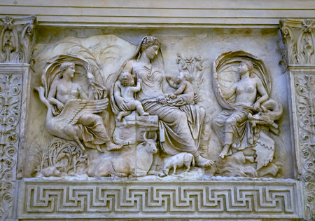 Earth Mother Roman Goddess Statue Ara Pacis Altar of Augustus Peace Rome Italy. Monument to Emperor Augustus Caesar built 9 BCのeditorial素材