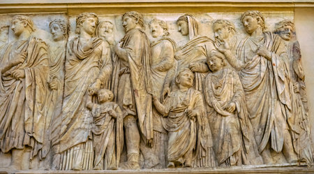 Imperial Family Statue Ara Pacis Altar of Augustus Peace Rome Italy. Monument to Emperor Augustus Caesar built 9 BCのeditorial素材