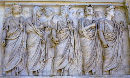 Imperial Family Statue Empero Tiberius Ara Pacis Altar of Augustus Peace Rome Italy. Monument to Emperor Augustus Caesar built 9 BCのeditorial素材
