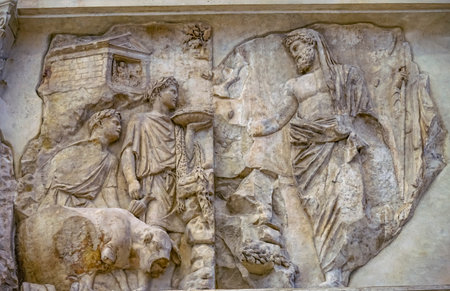 God Offering Sachrifice Statue Ara Pacis Altar of Augustus Peace Rome Italy. Monument to Emperor Augustus Caesar built 9 BCのeditorial素材