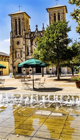 Doors Facade Outdoors Street Level Reflection San Fernando Cathedral San Antonio Texas. Built in the 1700s.の写真素材