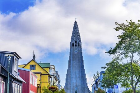 Hallgrimskirkja Large Lutheran Church Shopping Street Reykjavik Iceland. Largest church and tallest structure in Iceland.の写真素材