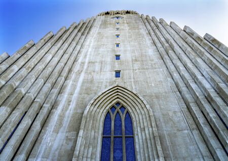 Looking Up Facade Hallgrimskirkja Large Lutheran Church Reykjavik Iceland. Largest church and tallest structure in Iceland.の写真素材