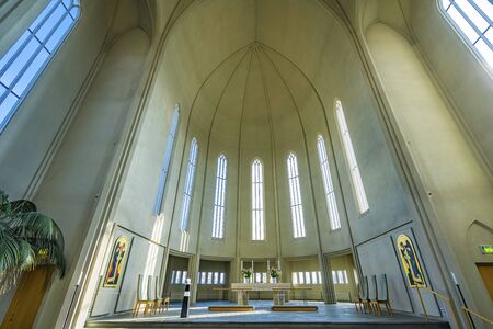 Windows Altar Ceiling Hallgrimskirkja Large Lutheran Church Reykjavik Iceland. Largest church and tallest structure in Iceland.の写真素材