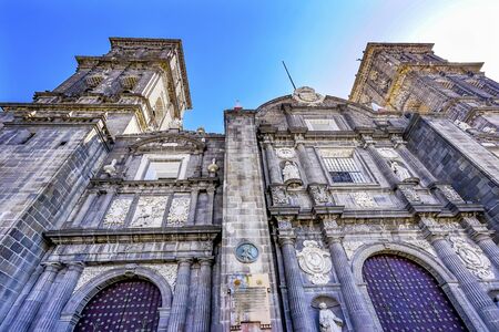 Facade Statues Outside Cathedral Puebla Mexico. Built in 15 to 1600s.の写真素材