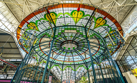 Colorful Stained Glass Open Air Central Market Shopping Street Puebla Mexicoのeditorial素材