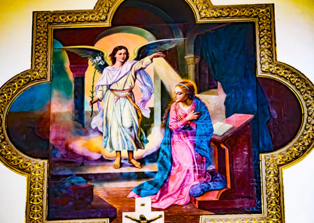Basilica Annunciation Angel Telling Virgin Mary About Coming Birth of Christ Templo de San Agustin Church Puebla Mexico. Jesuit church built 1555 to 1612のeditorial素材