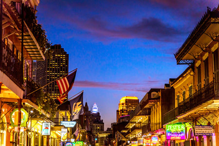 Restaurants Bars Night Life French Quarter Bourbon Street New Orleans Louisiana.  Completed in 1700s,  Very Famous hotspotのeditorial素材