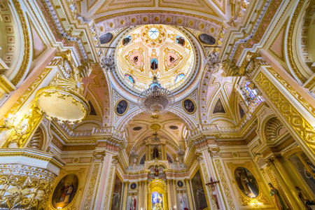 Colorful Colorful Altar Dome Iglesia de Nuestra Senora de los Remedios Our Lady of Remedies Church Cholula Puebla Mexico. Church built 1500sのeditorial素材