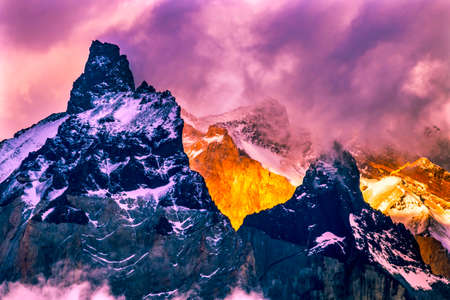 Sunset Paine Horns Three Granite Peaks Torres del Paine National Park Patagonia Chileの写真素材