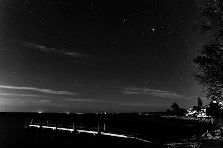 Black and White Night Stars Beach Pier Buzzards Bay Ocean Padanaram Dartmouth Massachusetts Lights...