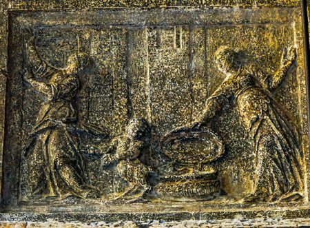 Woman Child Stone Sculpture Street Piazza San Marco Saint Mark's Square Venice Italy.のeditorial素材