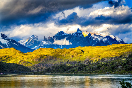 Grey Lake Paine Horns Three Granite Peaks Torres del Paine National Park Patagonia Chileの写真素材