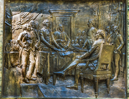 Benjamin Franklin Statue Boston Massachusetts. Bronze Franklin at Declaration of Independence,  Boston Latin School where Franklin student. Statue created 1865 by Richard Greenoughのeditorial素材