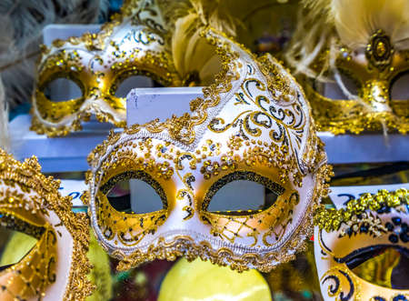 White Venetian Masks Feathers Venice Italy Used since 1200s for Carnival.  Also used for Mardi Grasの写真素材