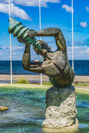 Merman Statue Goleta Ancud Bronze Monuments Harbor Punta Arenas Chile.  2014 Monument by Guellermo Pedreo of 1843 Expedition Claiming the Straits of Magellan for Chileのeditorial素材