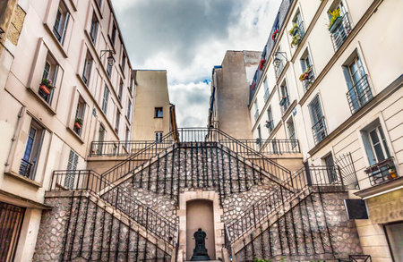 Fountain City Street Cityscape 5th District Benjamin Fondane Place Paris Franceの写真素材