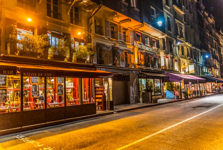 Colorful Night Restaurants Stores Street Inner Harbor Honfluer France.のeditorial素材