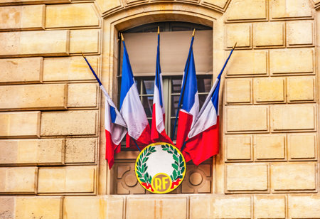 Republic of France Flags Window Goverment Administration Building Paris France.のeditorial素材