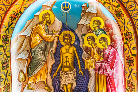 John Baptizing Jesus Christ St Photios Greek Orthodox National Shrine Saint Augustine Florida  Dedicated to first Greek Settlers in the US in 1768のeditorial素材