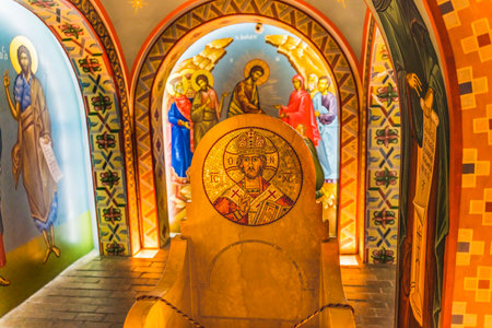 Golden Christ Icon Chair St Photios Greek Orthodox National Shrine Saint Augustine Florida  Dedicated to first Greek Settlers in the US in 1768のeditorial素材