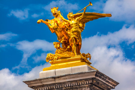 Golden Fame Winged Horse Statue Pont Bridge Alexandre III Paris France.  Most ornate beautiful bridge over Seine River over Paris, built 1900のeditorial素材