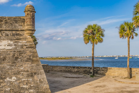 Castillo de San Marco First US Fort Eastern Waterway Sailboats St Augustine Florida.  Fort was built by the Spanards in 1672.  1924 became a US national monumentのeditorial素材
