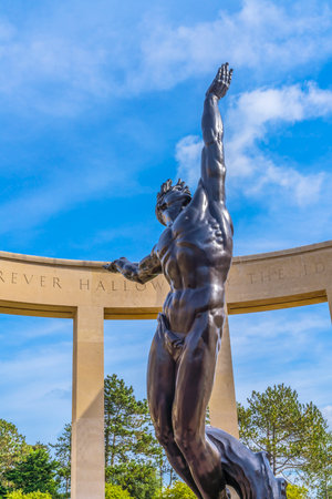 Spirit of American Youth Rising Statue American Military World War 2 Cemetery Normandy France.  Cemetary of American soldiers killed in Normandy during World War 2 Statue by Donald De Lue 1951のeditorial素材