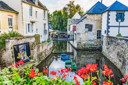 Colorful Old Buildings, Aure River Bridge Tourists Bayeux Center Normandy France.Bayeux founded 1st century BC, first city liberated after D-Dayの写真素材
