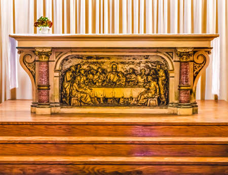 Last Supper Bronze Wooden Altar Saint Laurent Church  Longues-sur-mer Normandy France. Old Catholic...