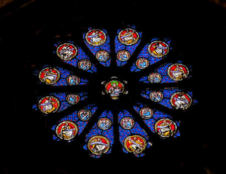 Mary Jesus Angels Saints Stained Glass Rose Window Saint Paul Church Eglise Sainit Paul Nimes Gard France Catholic church opened 1835のeditorial素材
