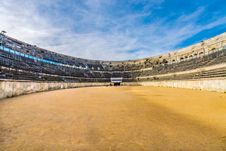 Ancient Classical Roman Amphitheatre Floor Arena Nimes Gard France. Built in 70 AD Used now for bull fights and sports eventsのeditorial素材