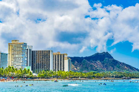 Colorful Waikiki Beach Surfers Swimmers Diamond Head Hotels Honolulu Hawaiiのeditorial素材